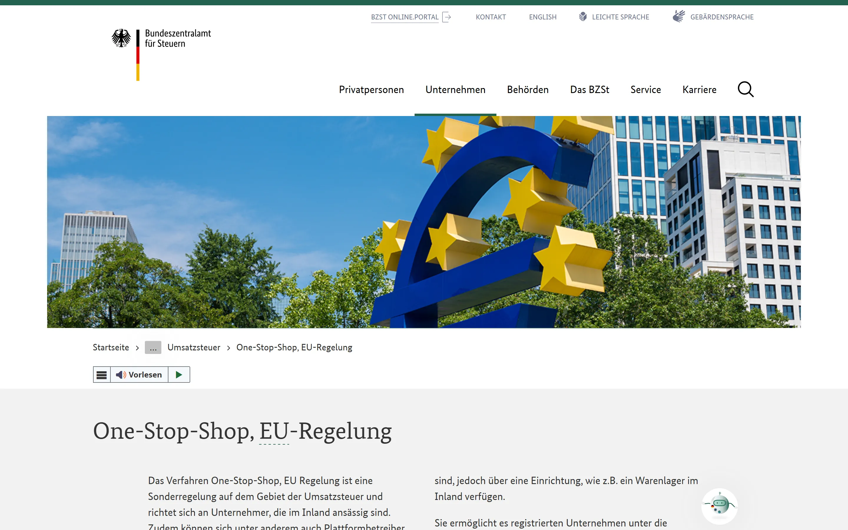 Die Informationsseite des Bundeszentralamts für Steuern zum One-Stop-Shop-Verfahren