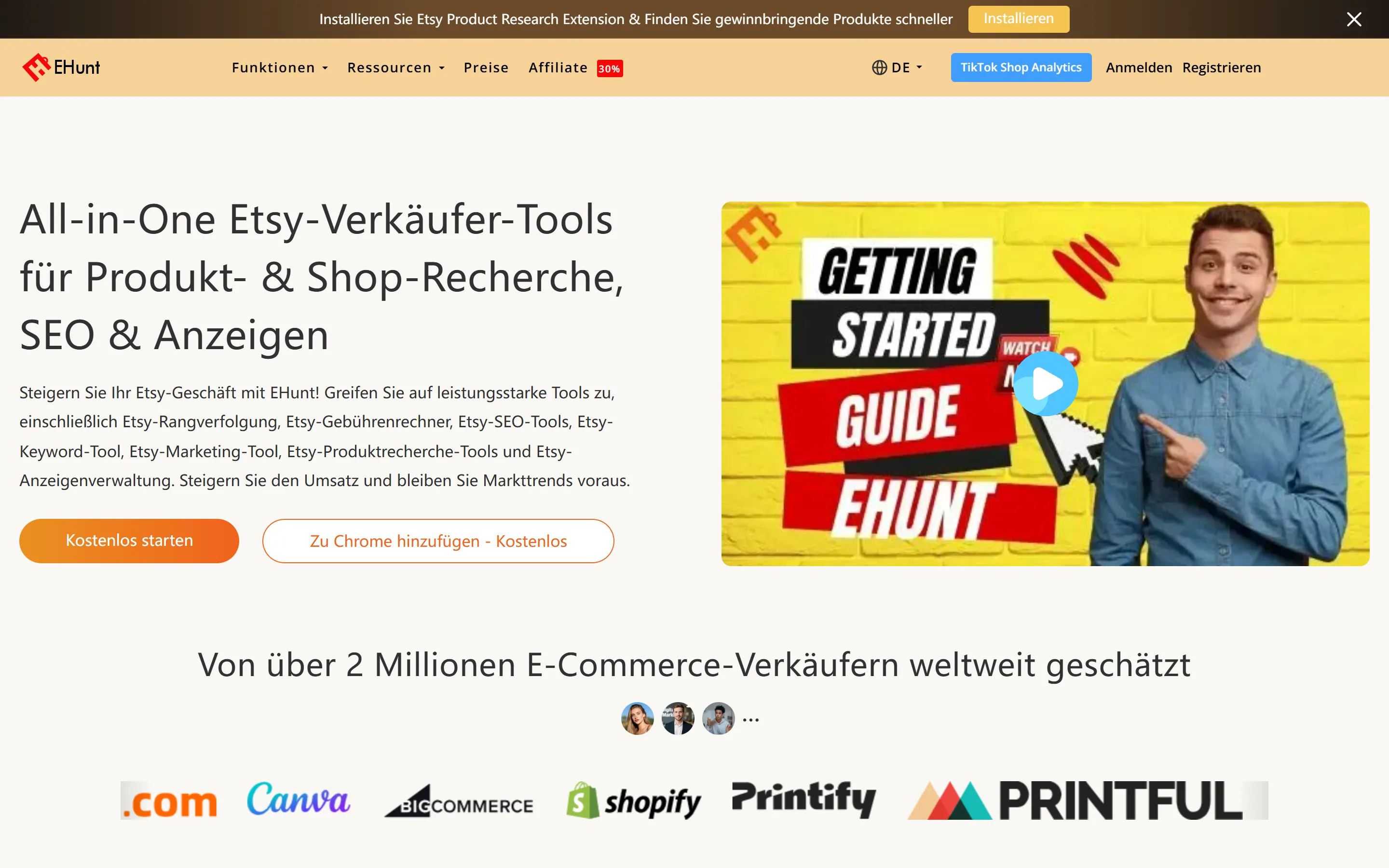 Die deutschsprachige Startseite von EHunt mit der Sprachauswahl in der Kopfzeile