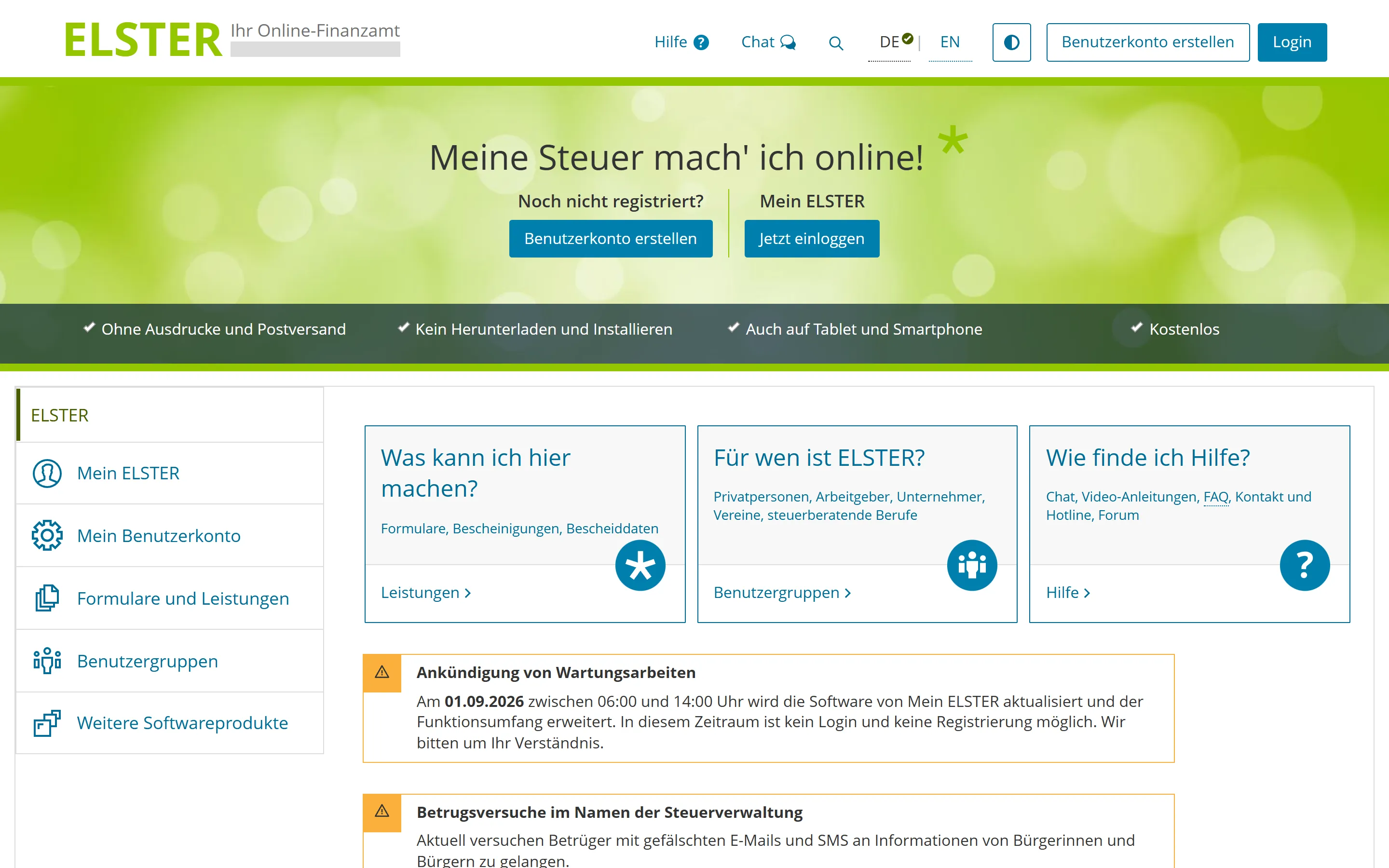 Die Startseite des Steuerportals ELSTER mit dem Einstieg für Unternehmen