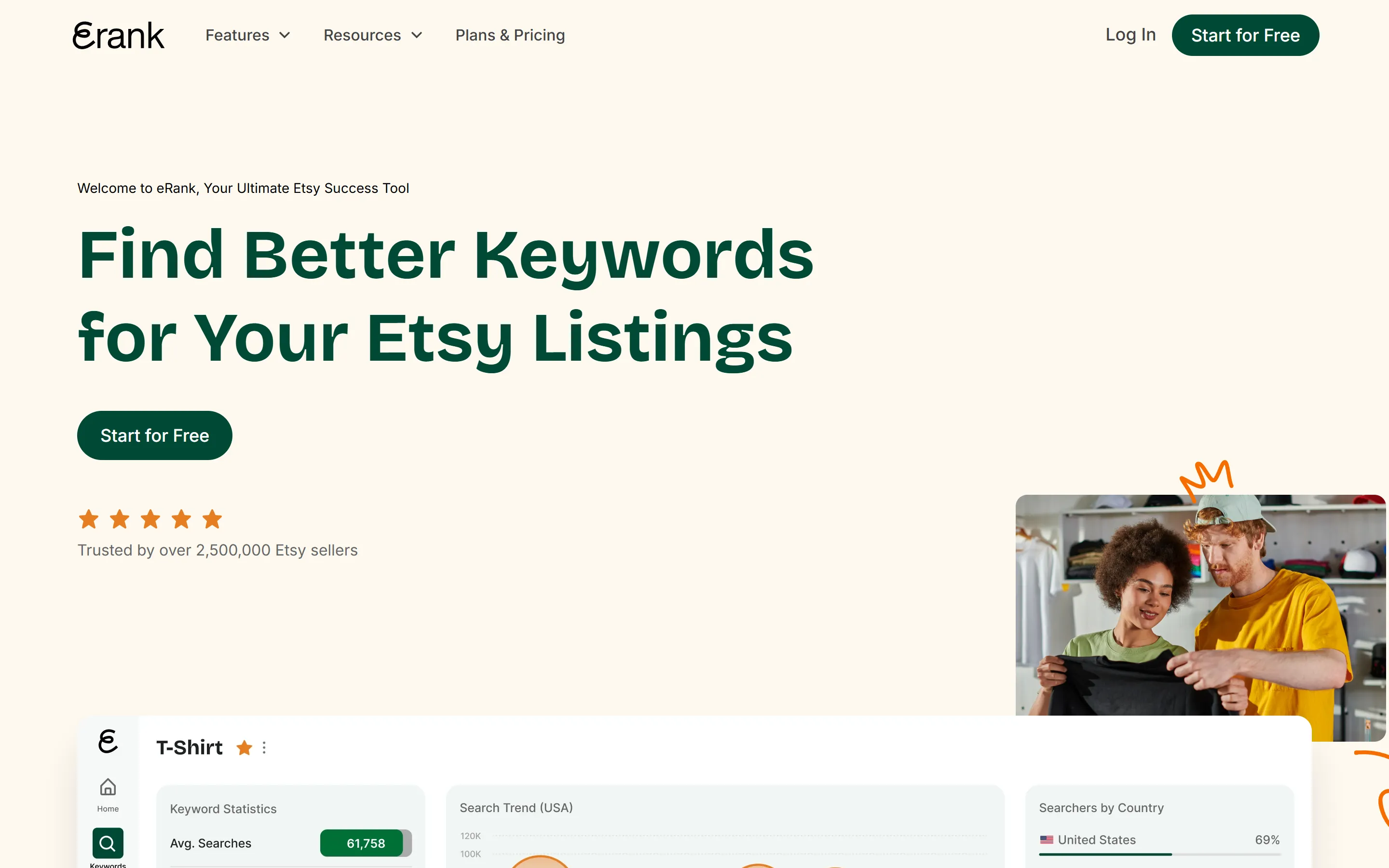 Die Startseite von eRank mit dem Fokus auf Keyword-Recherche für Etsy-Listings