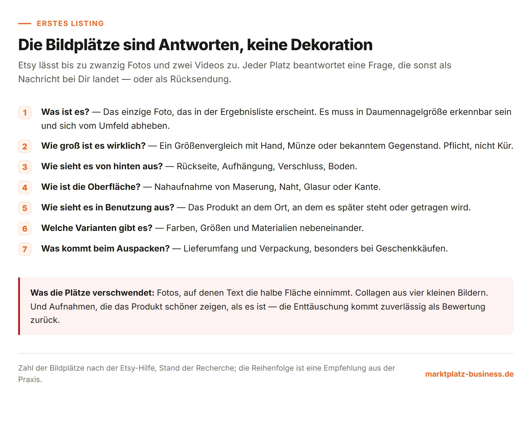 Sieben Bildplätze eines Etsy Listings und die Frage, die jeder von ihnen beantwortet