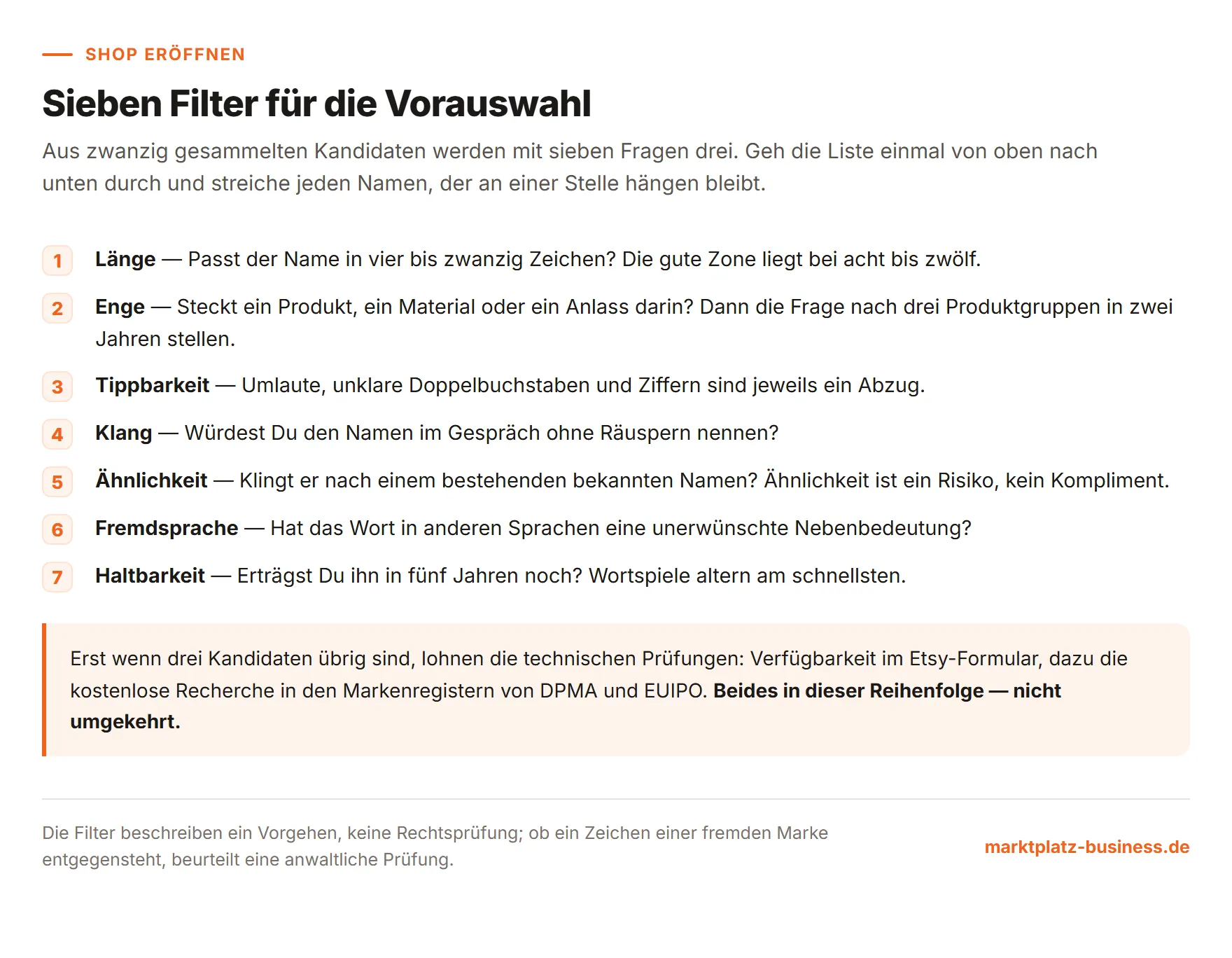 Übersicht der sieben Filter für die Vorauswahl eines Etsy Shop-Namens: Länge, Enge, Tippbarkeit, Klang, Ähnlichkeit, Fremdsprache und Haltbarkeit