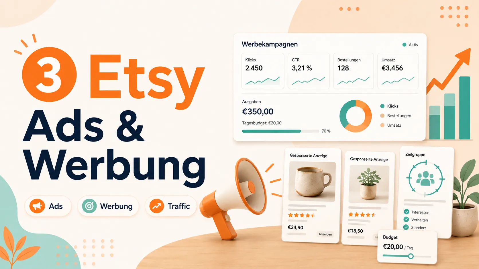 Werbekampagnen-Übersicht mit Budget, Klicks und Megafon