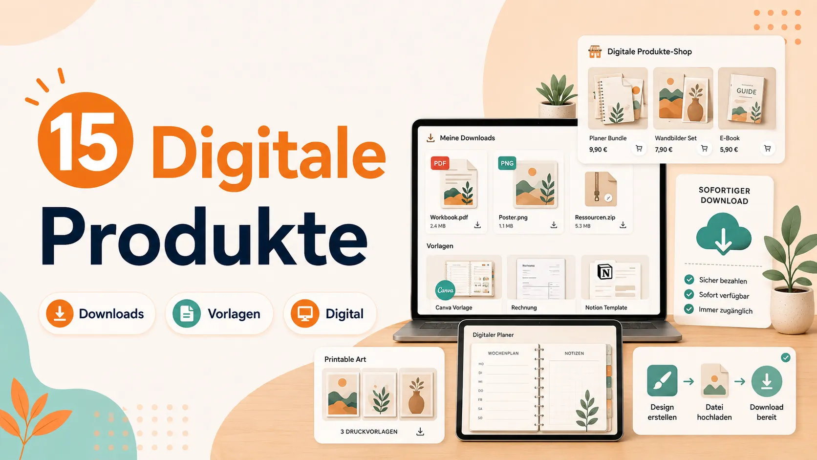 Tablet und Laptop mit digitalen Vorlagen und Download-Dateien
