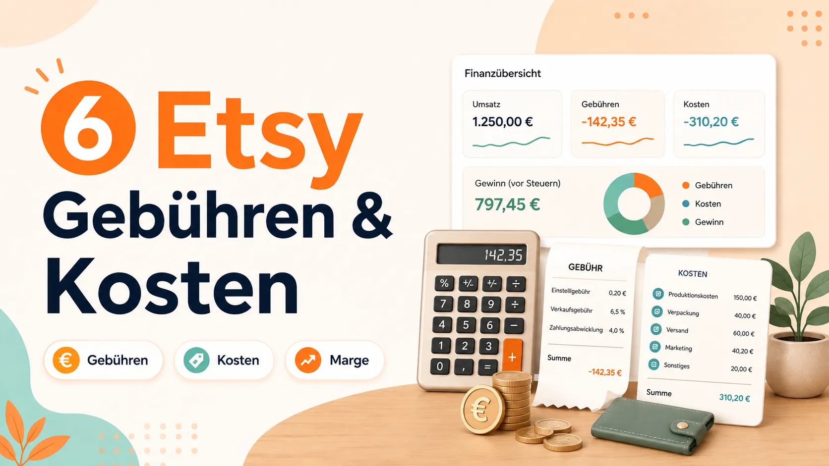 Finanzbericht mit Gebührenaufstellung, Taschenrechner und Margenanzeige