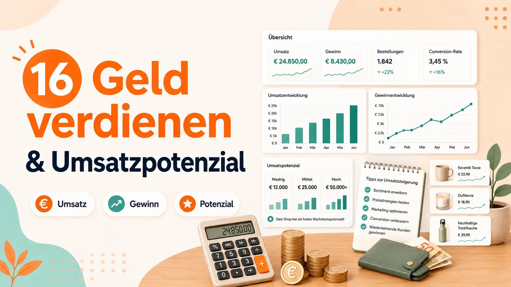 Umsatzdiagramm mit steigenden Balken, Münzstapeln und Geldbörse