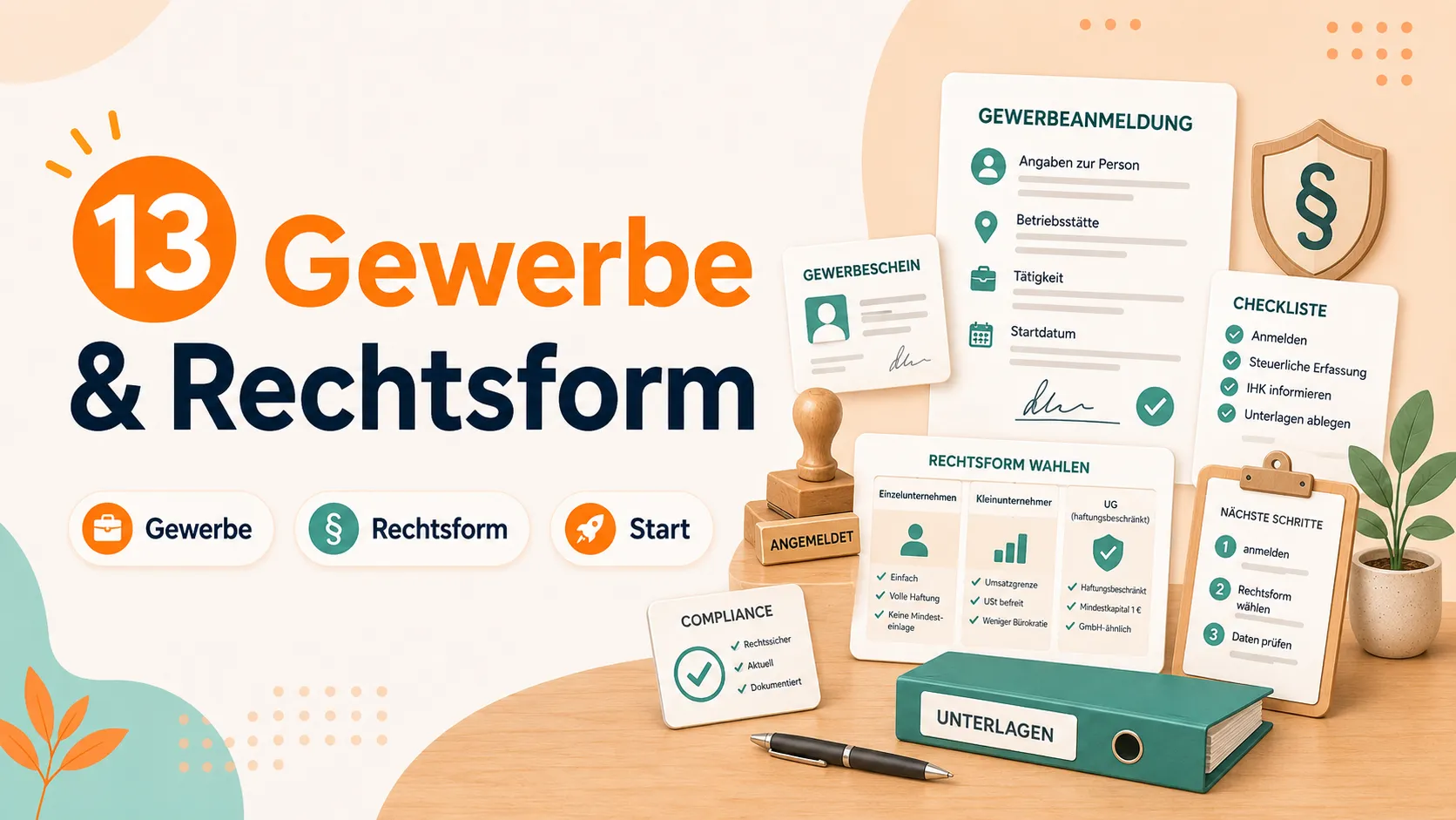 Gewerbeanmeldung mit Formular, Stempel, Checkliste und Aktenordner
