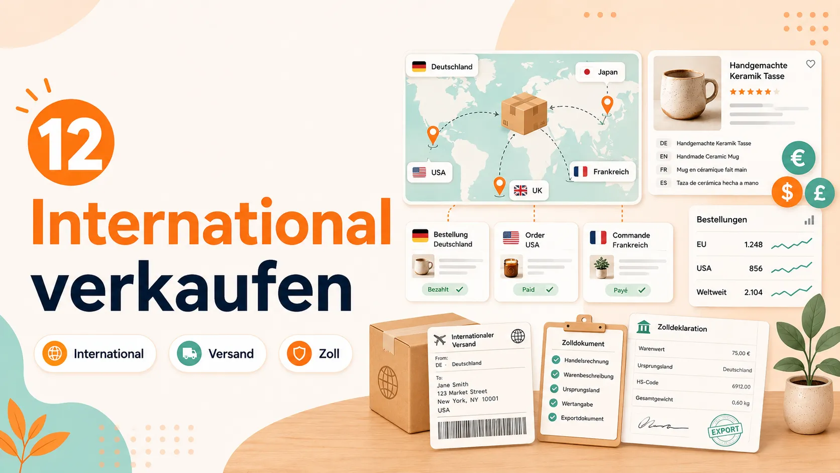 Weltkarte mit Versandwegen, Länderflaggen, Zolldokumenten und Währungen