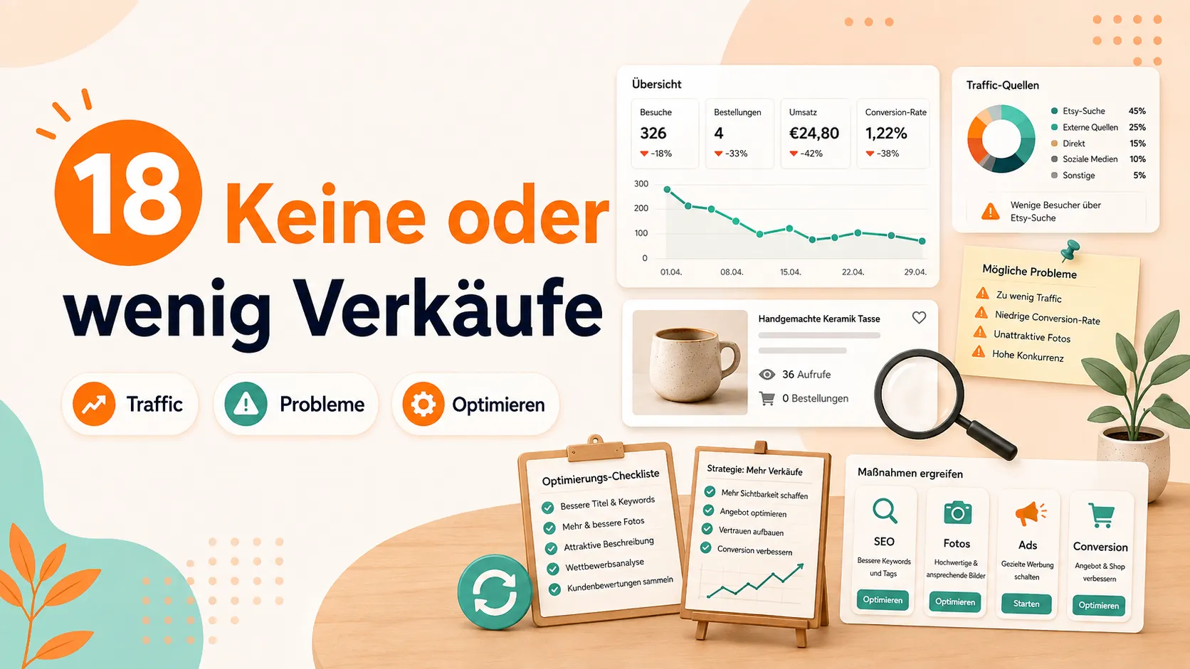 Traffic-Auswertung mit fallender Kurve, Fehlerliste und Lupe zur Ursachensuche