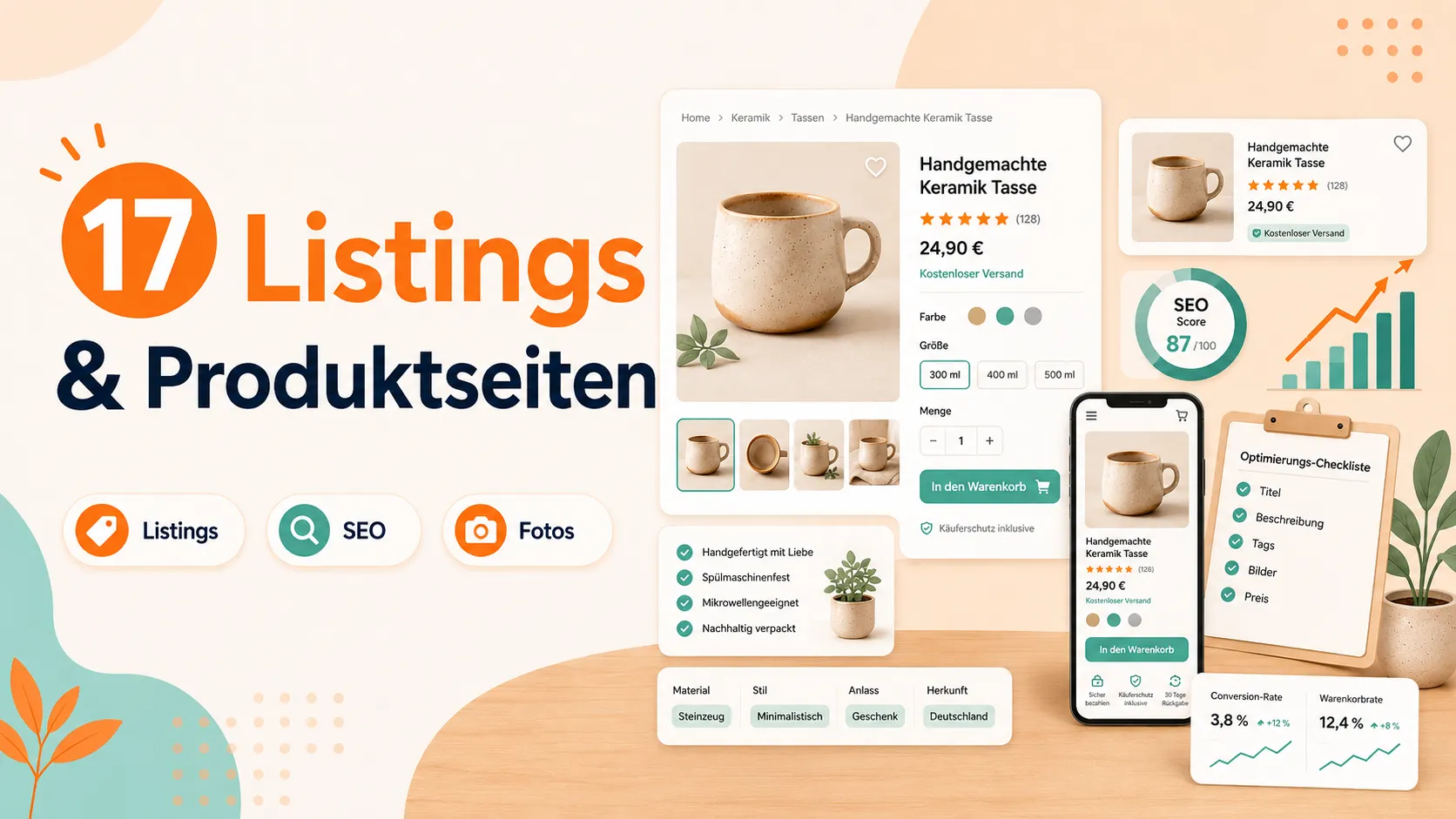 Etsy-Produktseite auf Desktop und Smartphone mit Titel, Bildern und Attributen