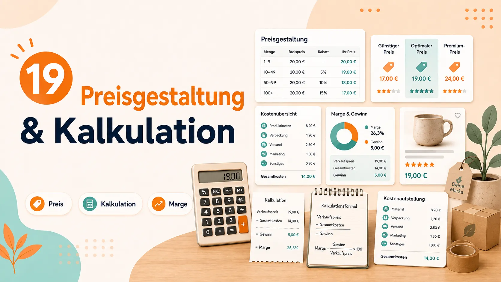 Preistabelle mit Kostenpositionen, Margen und Taschenrechner