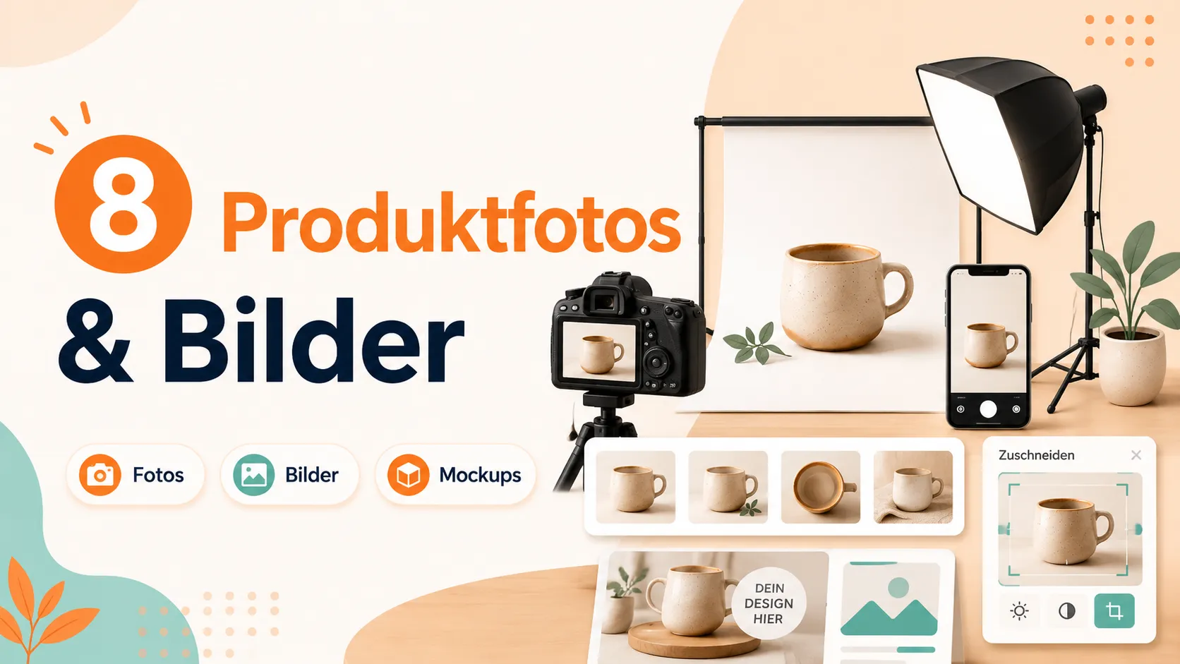Fotostudio mit Softbox, Kamera, Smartphone und Produktaufnahmen