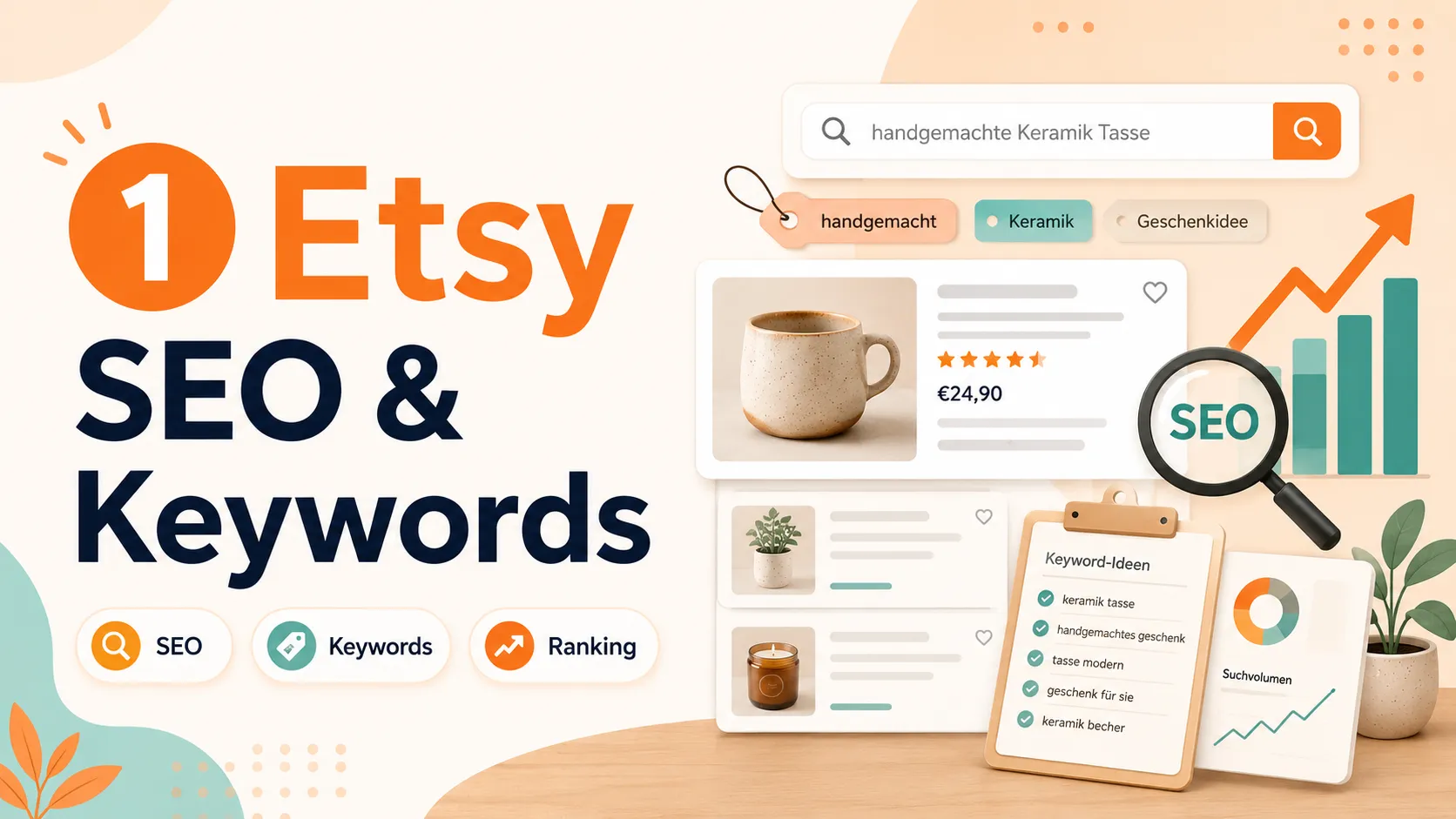 Etsy-Suchleiste mit Keyword-Liste, Ranking-Diagramm und Lupe