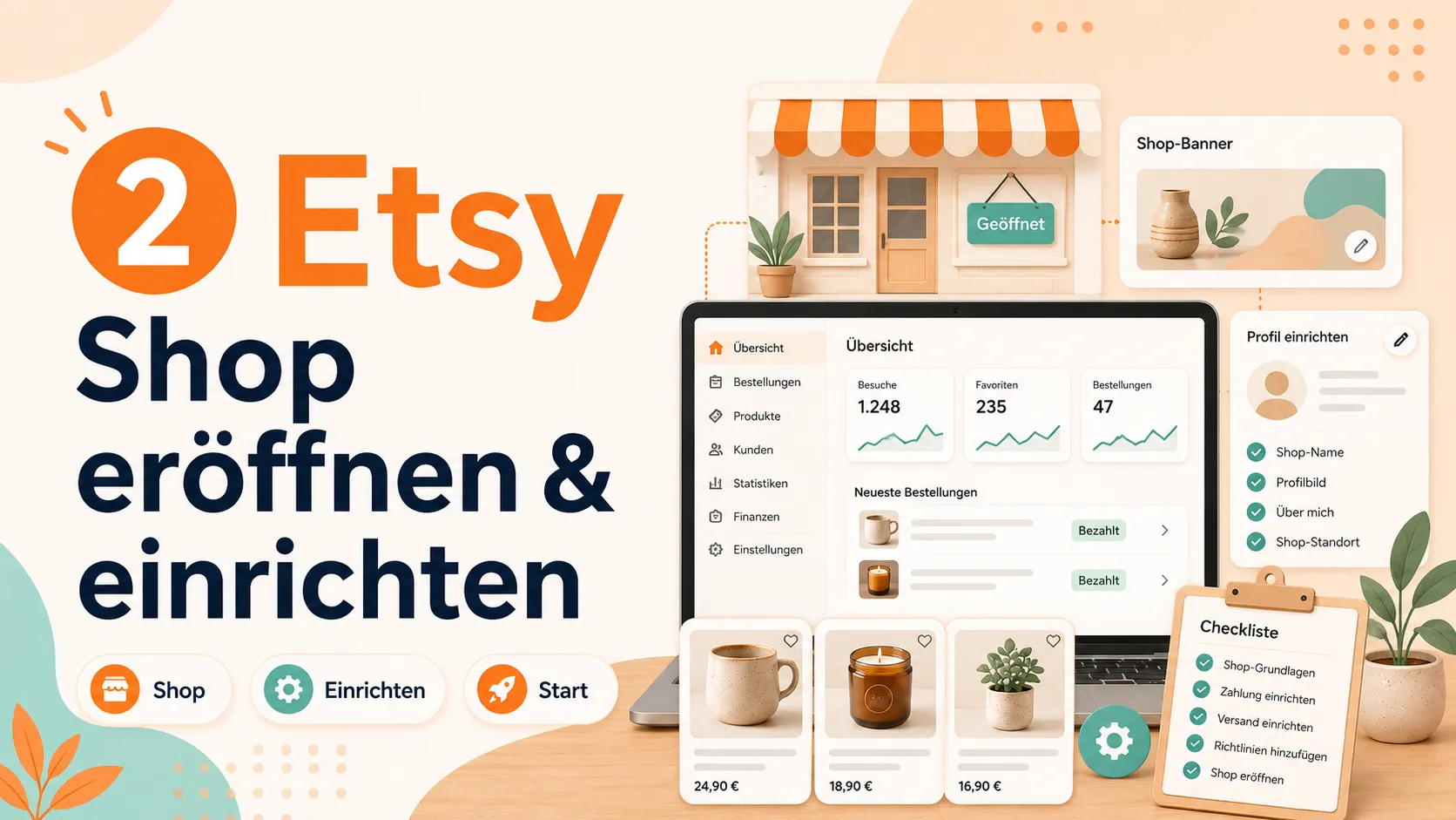 Etsy-Shopfront mit Einrichtungsschritten und Profilübersicht