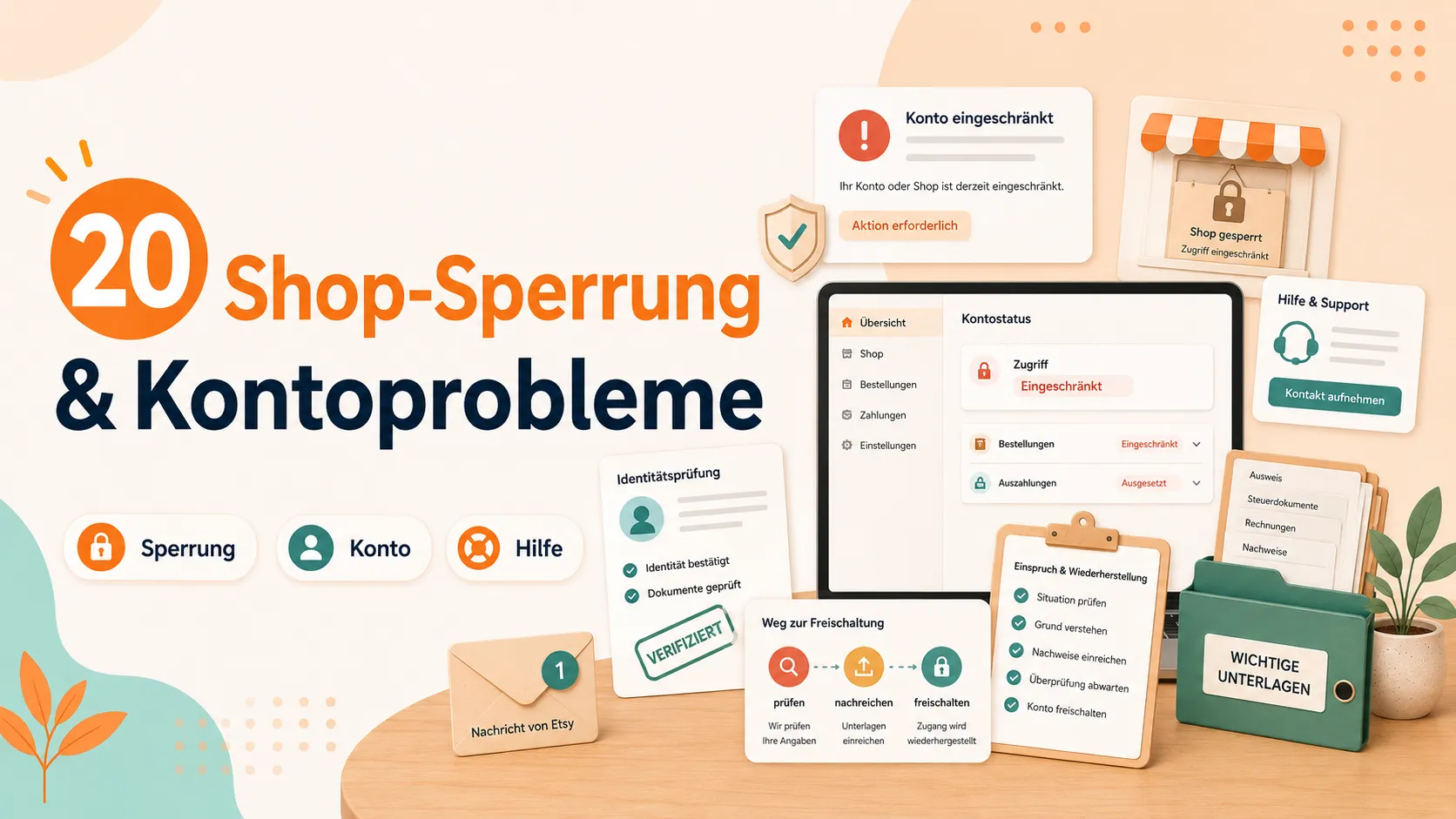 Gesperrtes Etsy-Konto mit Warnhinweis, Einspruchsformular und Support-Kontakt
