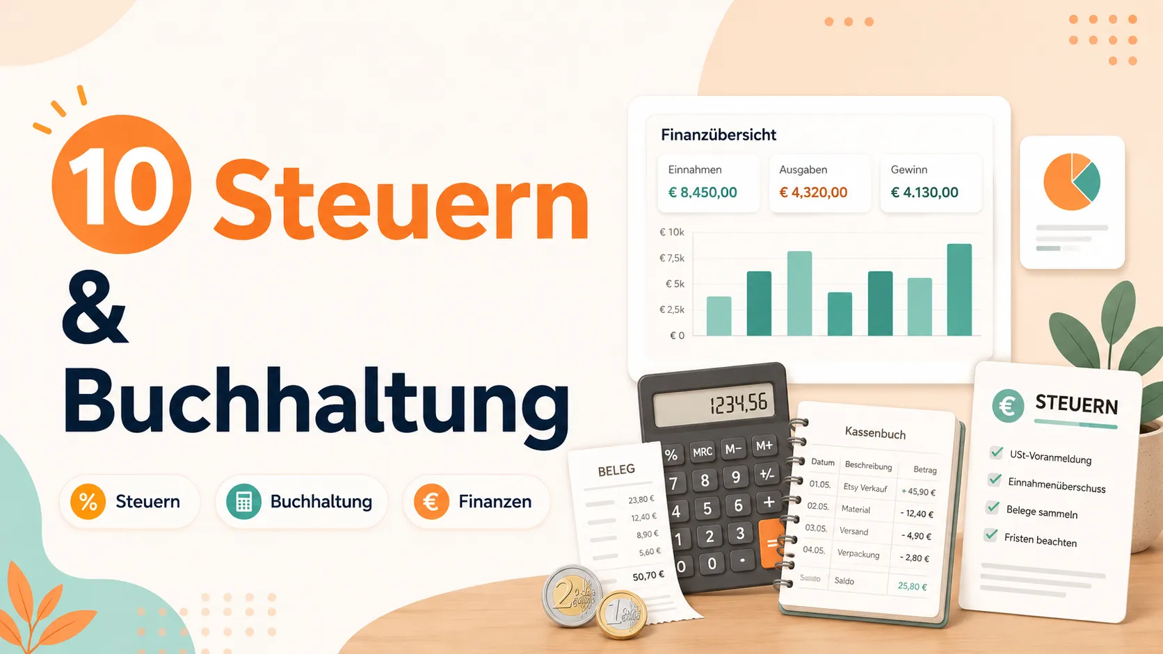 Finanzübersicht mit Steuerunterlagen, Taschenrechner und Buchhaltungsordner