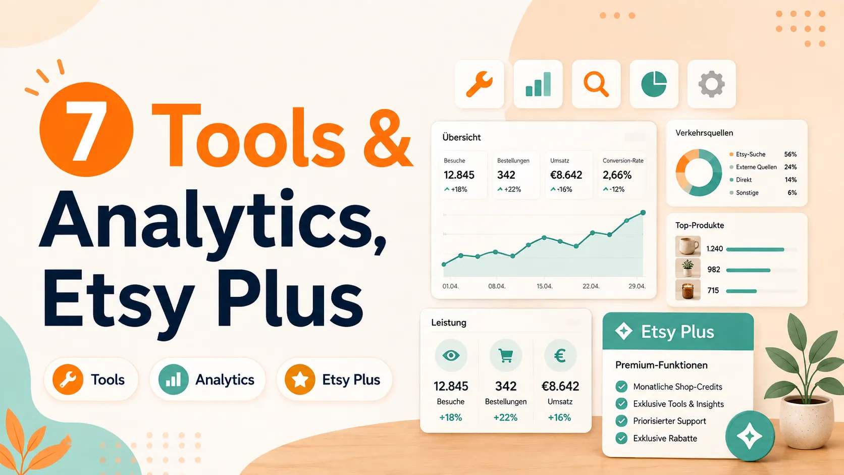 Statistik-Dashboard mit Verlaufskurve, Top-Produkten und Etsy-Plus-Karte