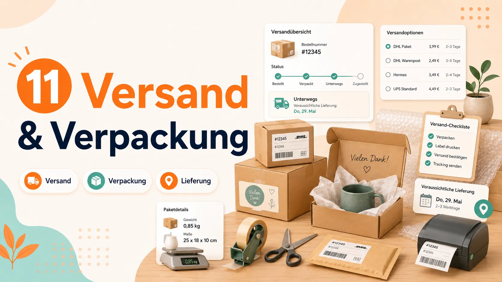 Versandkartons, Etikettendrucker, Packmaterial und Versandprofile