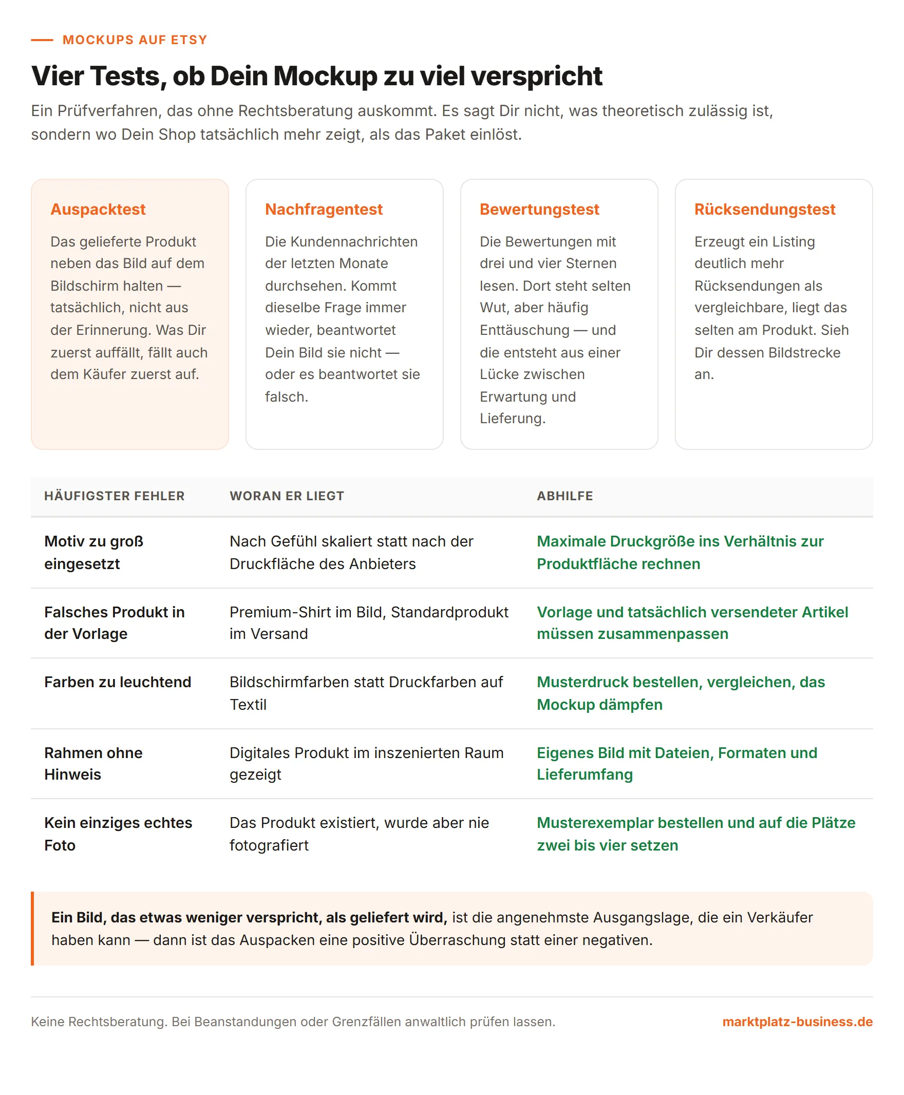Vier Prüfverfahren für Mockups und Tabelle der häufigsten Mockup-Fehler mit ihren Ursachen und der jeweiligen Abhilfe