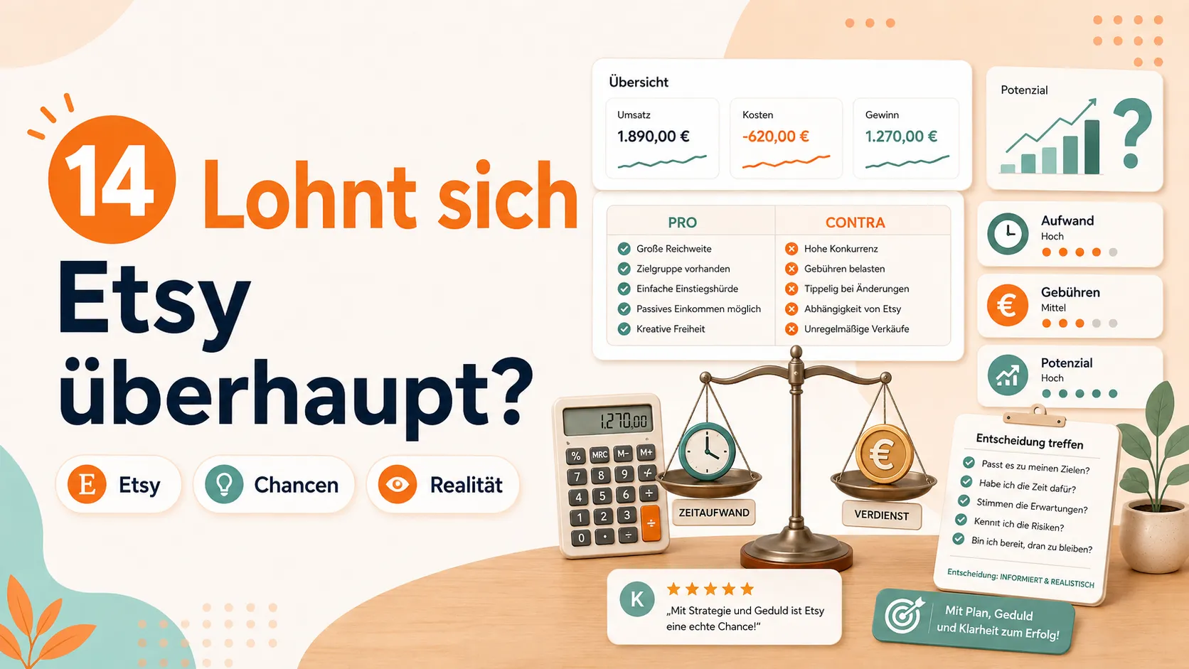 Waage mit Chancen und Kosten, daneben Umsatz- und Potenzialübersicht