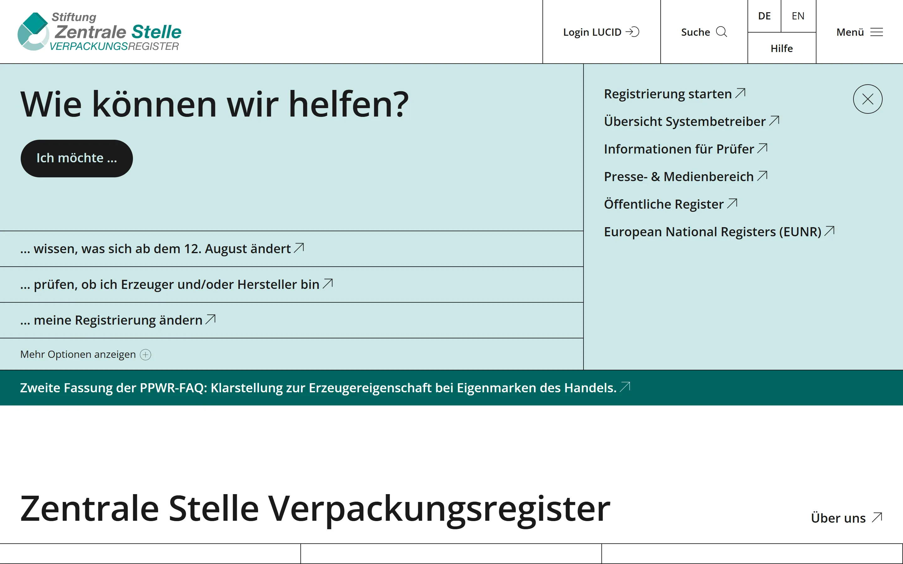 Die Startseite der Zentralen Stelle Verpackungsregister mit dem Zugang zu LUCID