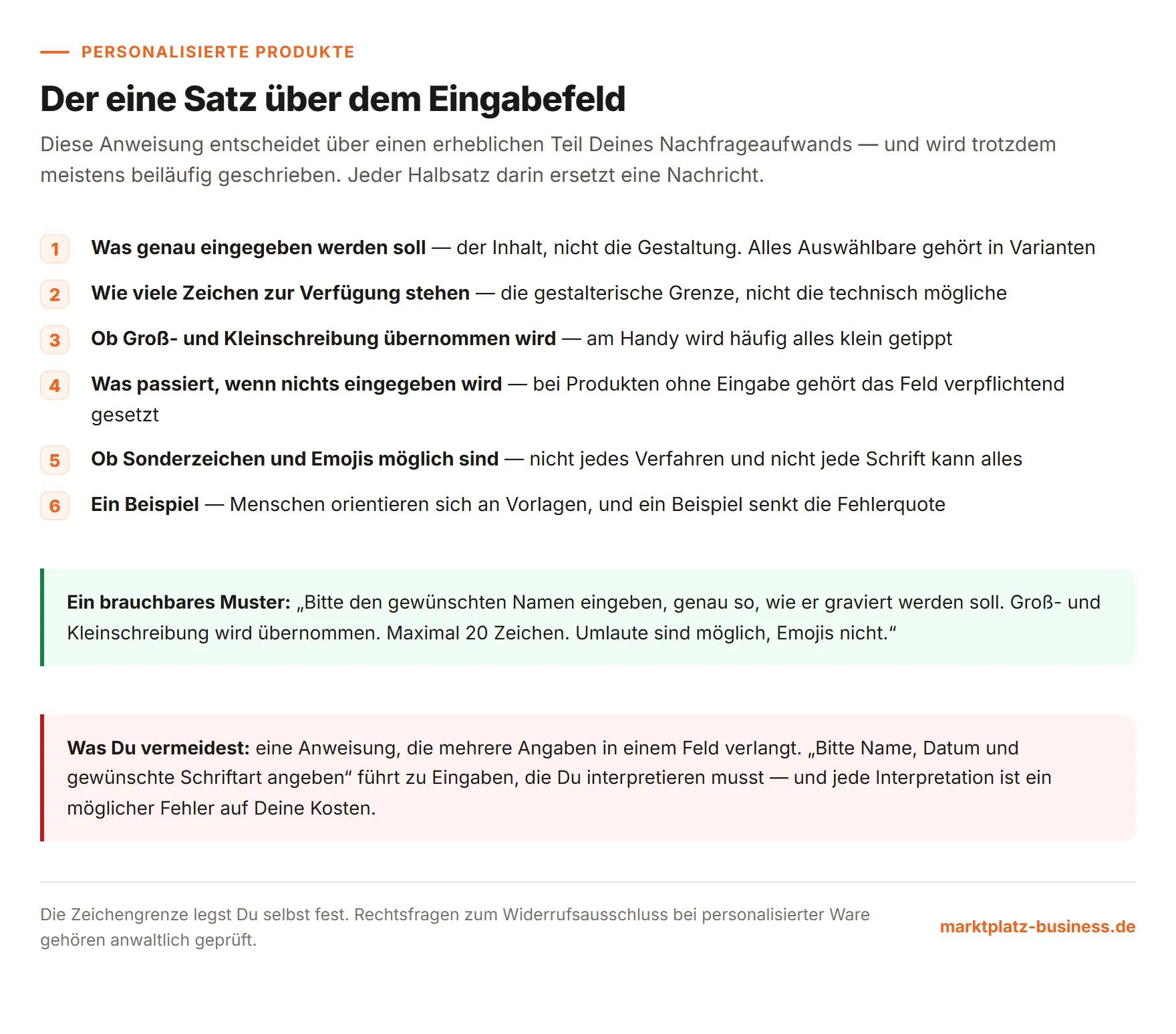 Sechs Punkte, die in die Anweisung über dem Personalisierungsfeld gehören, mit Musterformulierung