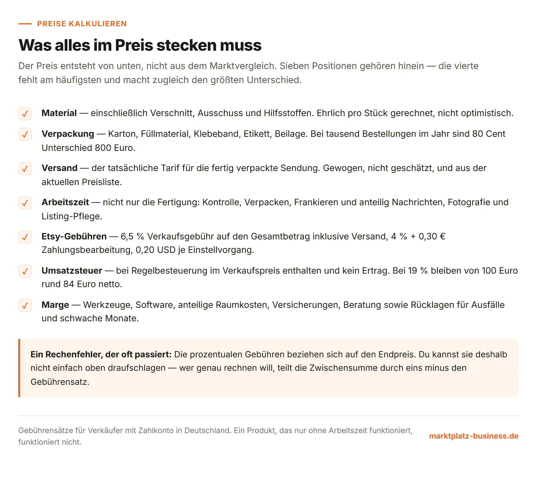 Die sieben Kostenpositionen, aus denen sich ein tragfähiger Verkaufspreis zusammensetzt