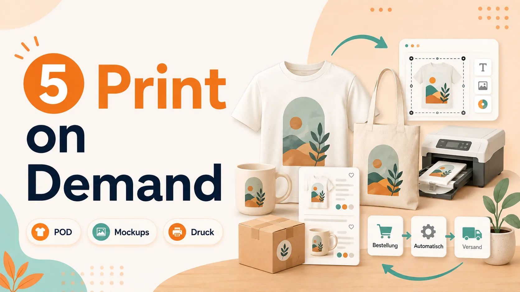 T-Shirt-Mockup mit Drucker, Versandkartons und Produktionsablauf