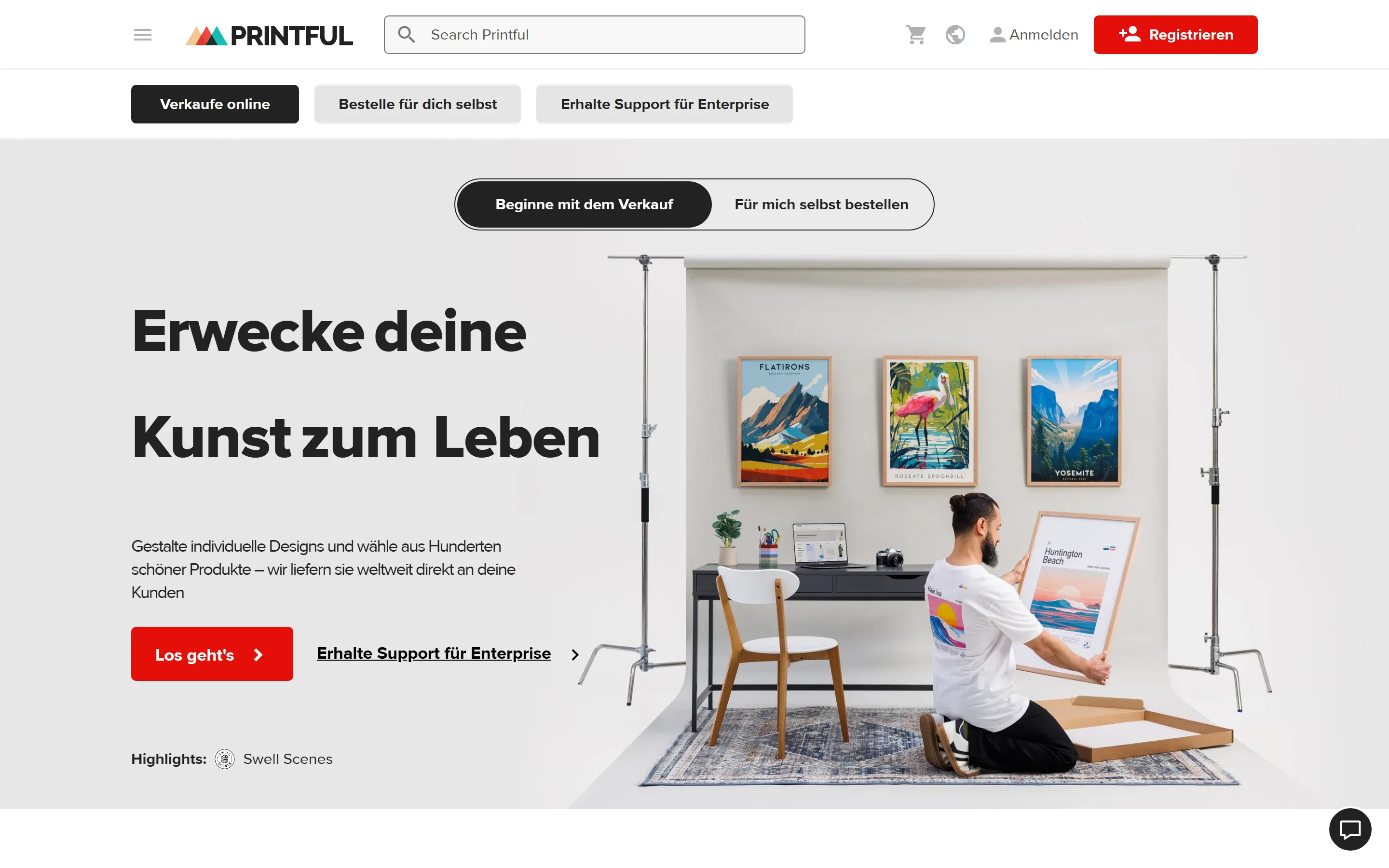 Die Startseite von Printful mit der Produktübersicht für Print on Demand