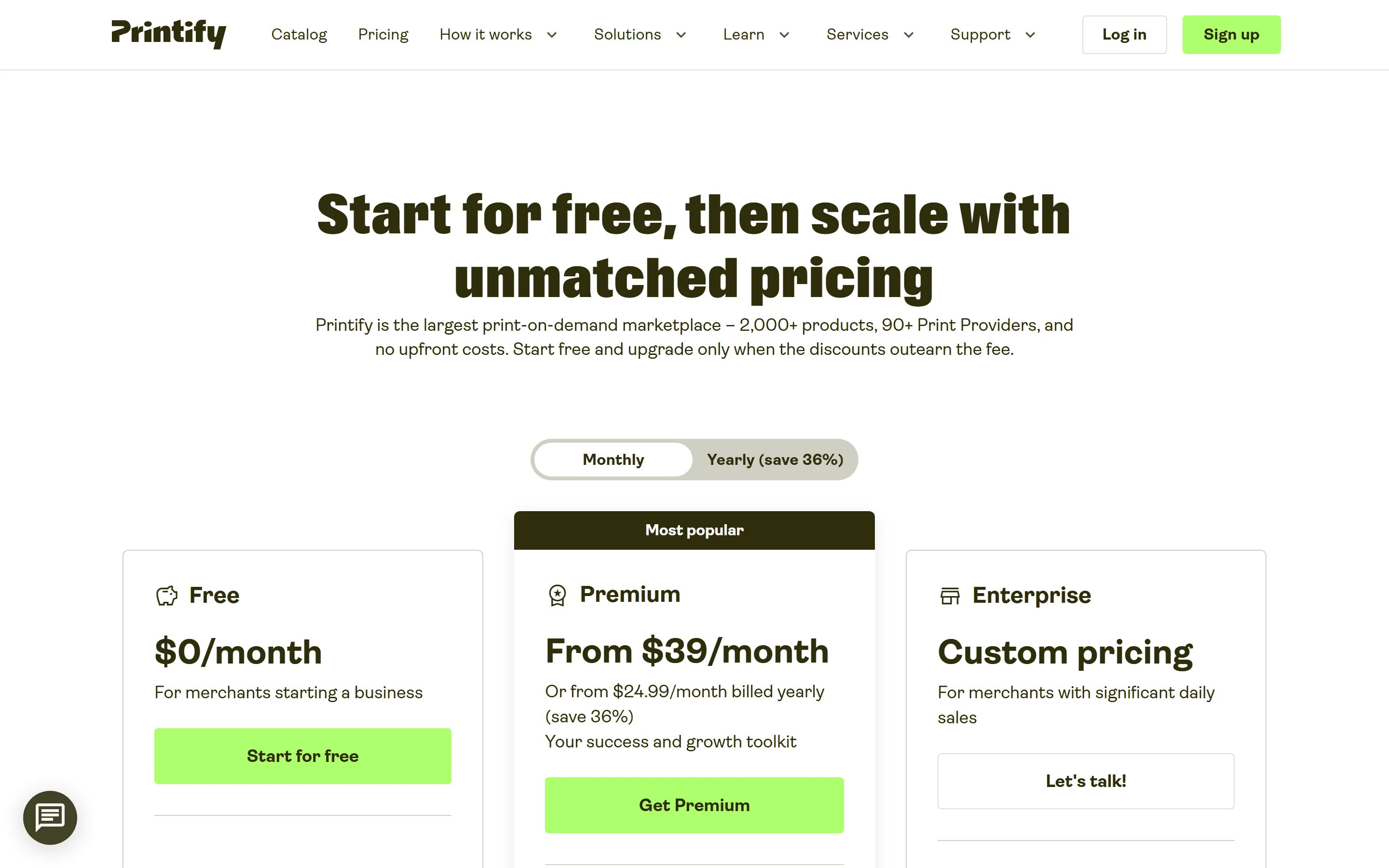 Printify Preisübersicht mit Free, Premium und Enterprise