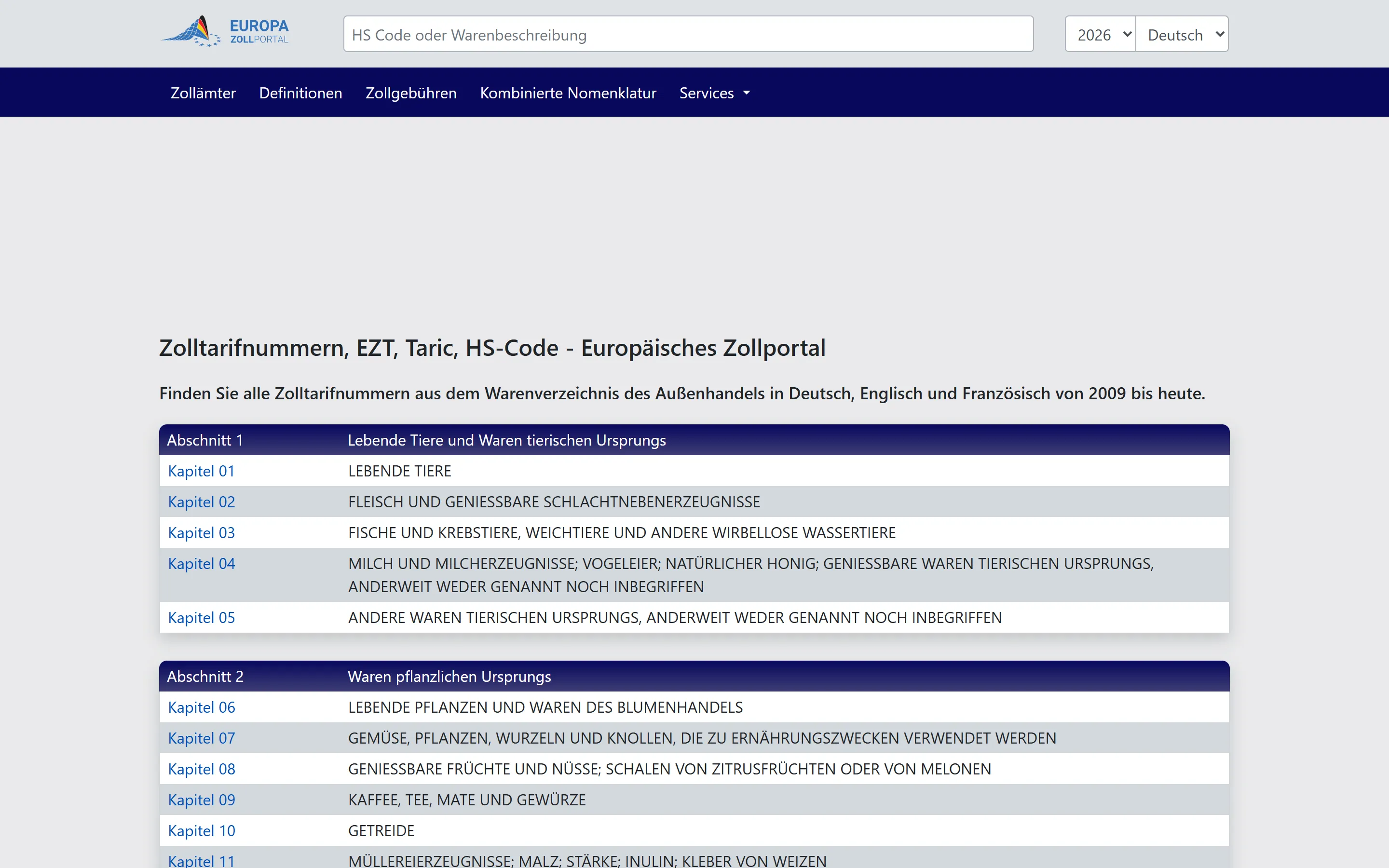 Eine Suchoberfläche für Zolltarifnummern mit den Warenabschnitten des Zolltarifs